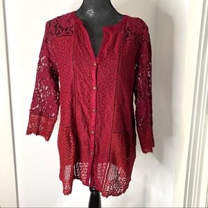 Lucky Brand Burgundy Lace Button Front Blouse